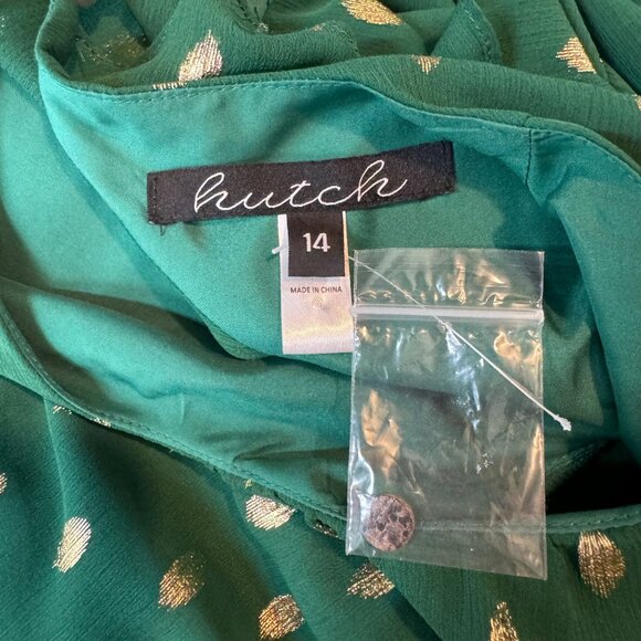 Hutch Confetti Chiffon Dress Emerald Green Gold Long Sleeve Cutout Sz 14 - Picture 6 of 15
